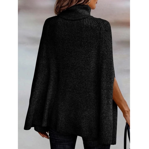 Black Knit Turtleneck Poncho Cloak Sleeveless Sweater - Picture 5 of 15